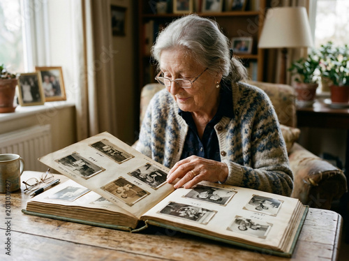 Elderly Woman Reminisces Through Old Family Photo Album