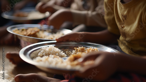 Close up of children's hands hold metal plates with rice, a simple meal, focus on food security, poverty alleviation and community support