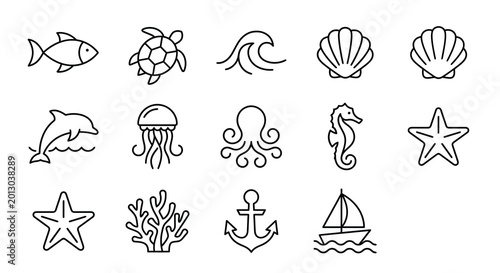 Foto professional collection of 12 minimalist thin-line vector icons representing marine life, aquatic creatures, and ocean environments