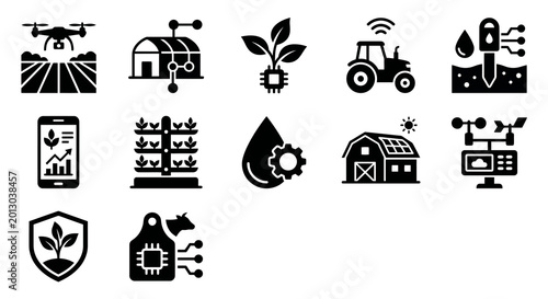 Photos professional collection of 12 thin-line vector icons representing agritech, smart farming systems, and digital agriculture