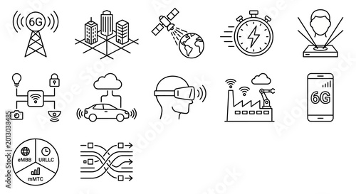 Tableau sur toile professional collection of 12 thin-line vector icons representing 6G connectivity, next-generation telecommunication networks, and Internet of Things (IoT) infrastructure