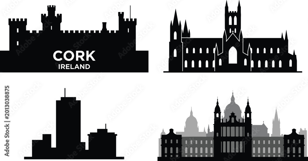Fototapeta premium Ireland Landmark Skyline Silhouette Collection Featuring Cork Castle Cathedral Historic Architecture and Urban Cityscape Vector Design