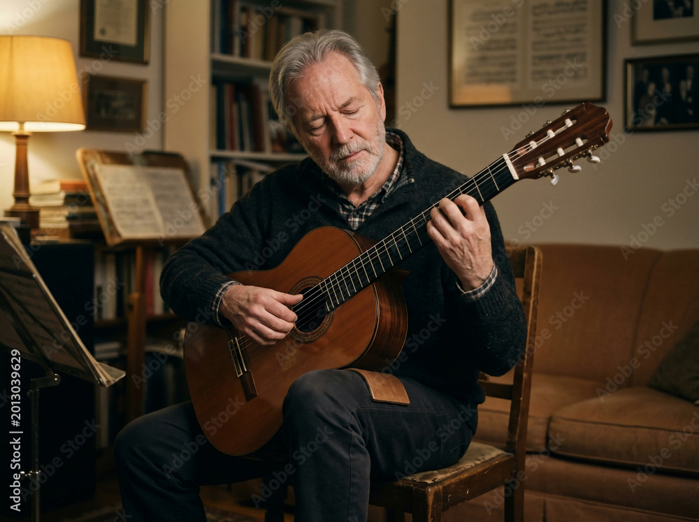 Obraz premium Senior Man Playing Acoustic Guitar at Home Enjoying Music