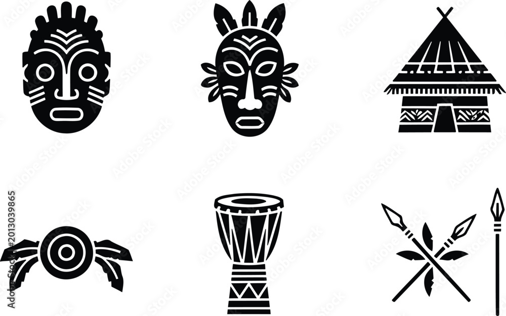 Fototapeta premium African tribal culture icon set featuring traditional masks, djembe drum, and hut silhouettes.