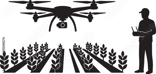 Fotografie Modern agricultural drone flying over stylized farm crops with a person holding