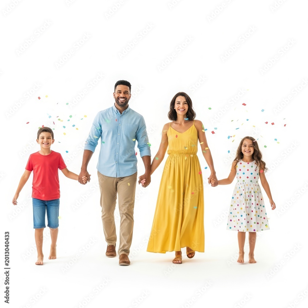 Obraz premium Family of four holding hands, walking together with confetti