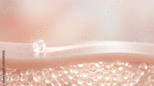 Skin texture with collagen spheres and single water droplet representing hydration and acne care for healthy skin appearance and improved collagen levels