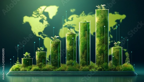 a digital bar graph with continents shaped from moss and greenery symbolizing environmental growth and sustainability worldwide