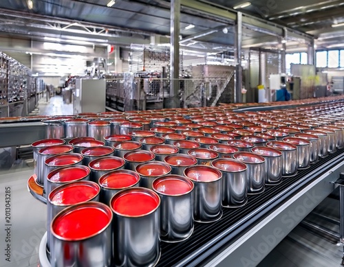 metallic paint cans with red lids aligned on a conveyor belt in a large modern factory setting
