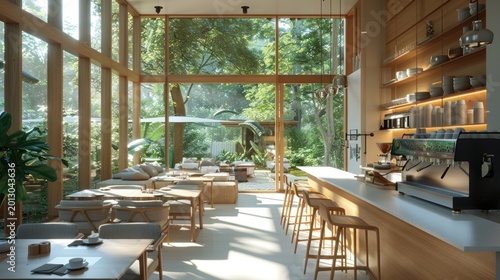 Modern cafe with natural light and greenery