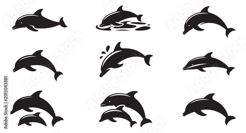 Photos Set of black dolphin silhouettes isolated on white background