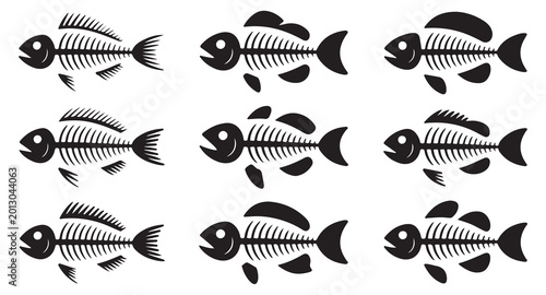 Schilderij op canvas Detailed fish bone structure icons showing different dorsal fins and tail shapes for design