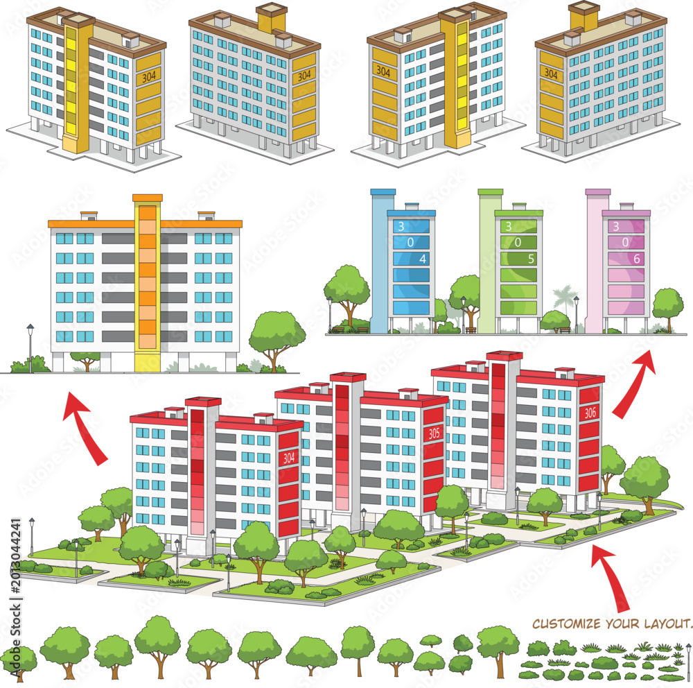 Fototapeta premium Modular Singapore HDB blocks in clean geometric style, featuring colorful buildings, greenery, walkways, and trees for customizable layouts.