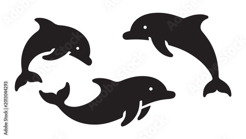 Quadro su tela Group of three jumping dolphins in black silhouette style for marine life graphic asset