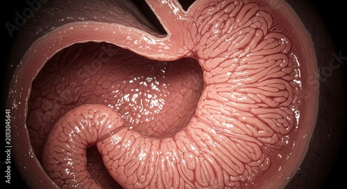 Close-up of a human stomach with detailed internal anatomy and textured lining.