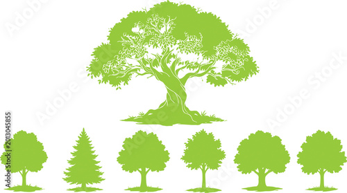 Fotografie Set of vibrant green tree silhouettes including a large detailed oak and various