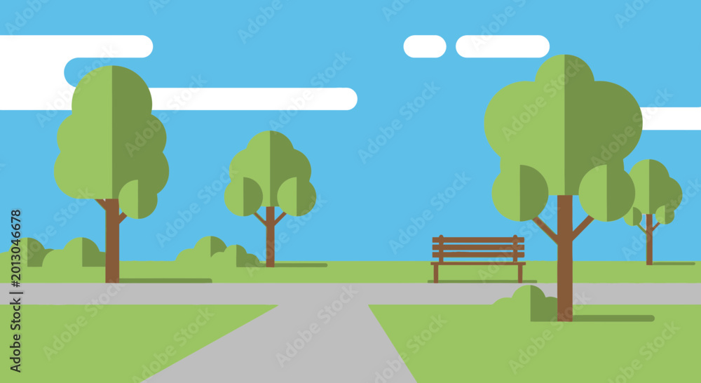 Fototapeta premium Flat design park scene with trees, bench, and pathways under a blue sky.