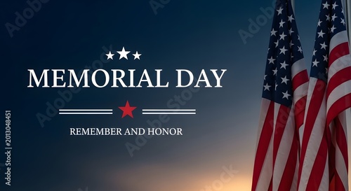 Memorial Day banner with American flag and remember and honor text