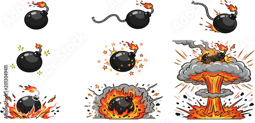Fotografie Cartoon Bomb Explosion Sequence Set Featuring Round Black Bombs With Burning Fus