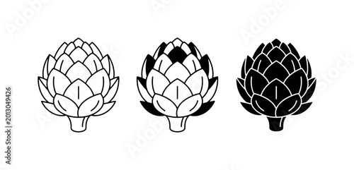 Bild auf Leinwand Artichoke Icons Set, Simple Line Art and Solid Silhouettes for Culinary and Heal