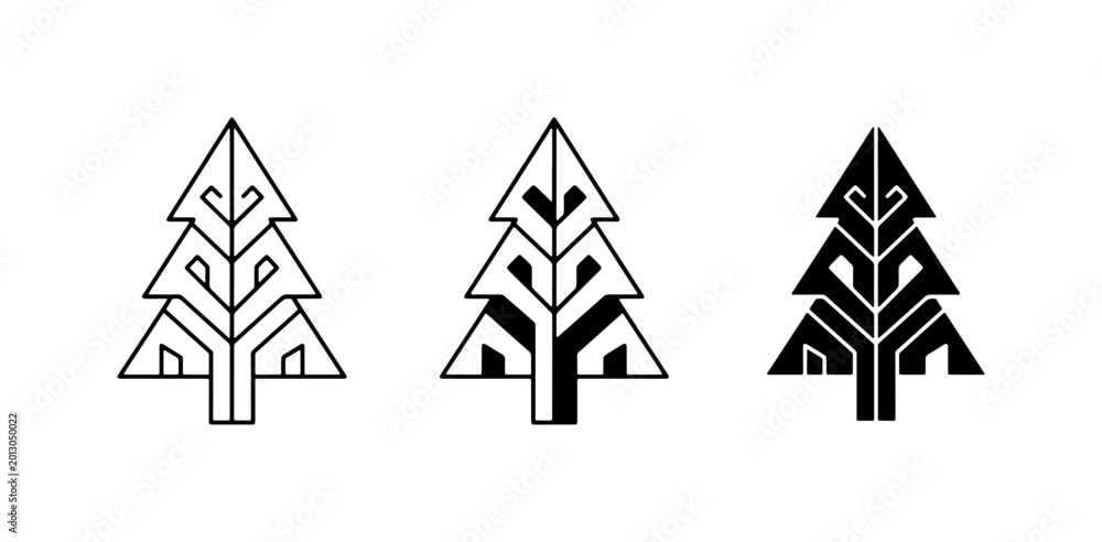 Fototapeta premium Geometric Pine Tree Icons, Stylized Evergreen Vector Graphics, Minimalist Forest Symbols, Black and White Nature Elements