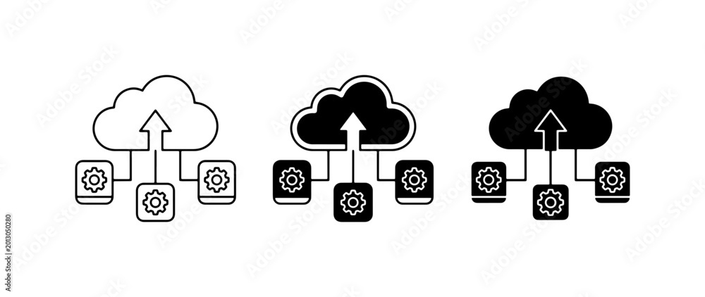 Obraz premium Cloud Computing Icons, Data Upload and Settings, Technology Network Symbols, Digital Storage and Configuration Graphics