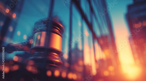 Silhouette of judge gavel against modern glass office building at sunset symbolizing corporate law justice and legal regulation in urban business environment