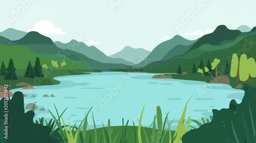 Fotografie Lake and mountains vector illustration background