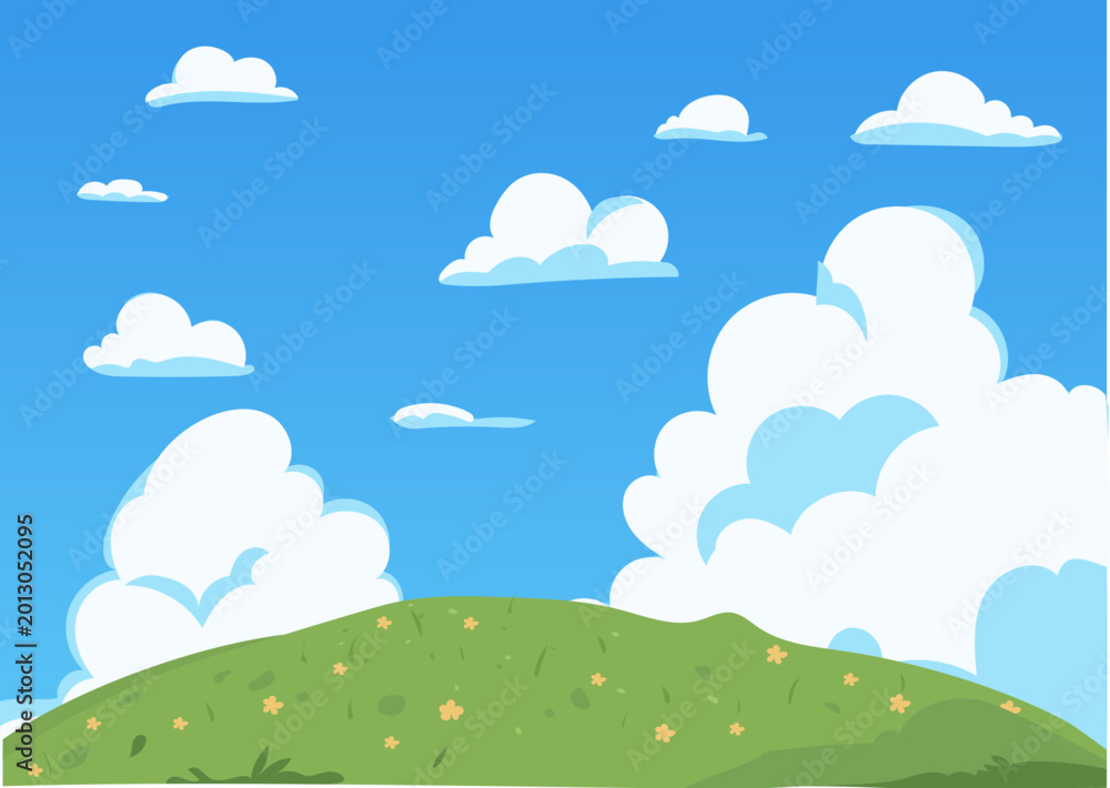 Fototapeta premium Soft White Clouds Above Simple Green Hill Landscape