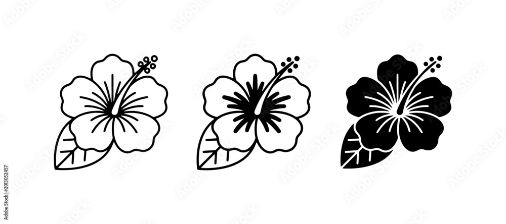 Obraz premium Hibiscus Flower Icons, Tropical Floral Vector Graphics, Simple Silhouette and Outline Styles, Summer Botanical Elements