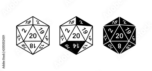 Fotografija Set of Three D20 Dice Icons, Twenty-Sided Polyhedral Dice for Tabletop Games, Bl
