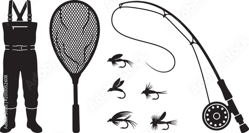 Bilde på lerret Fly Fishing Gear Silhouette Set - Waders, Landing Net, and Rod Vector Icons