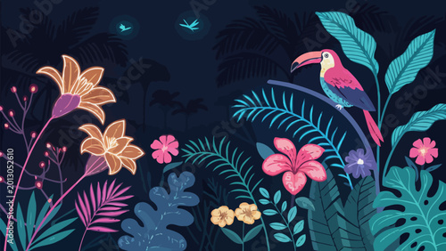 Tropical jungle night background with exotic flowers and toucan bird seamless pattern with palm leaves, floral elements and wildlife in dark colors