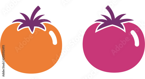 Billede på lærred Two contrasting stylized tomatoes in orange and purple with green stems against white space