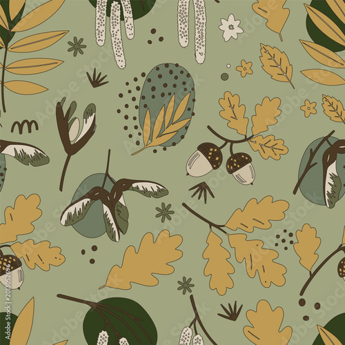 Elegant botanical background in muted earth tones featuring hand-drawn oak foliage, seeds, and acorns. Perfect for eco-conscious luxury branding.