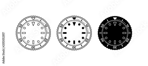 Fotografie Dive Watch Dials, Minimalist Vector Icons Set, Black and White Timepiece Faces f