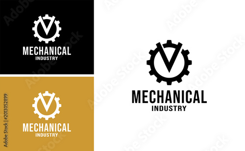 Fotografía initial V Mechanical Industry Logo Design Vector Modern Gear Engineering Industr