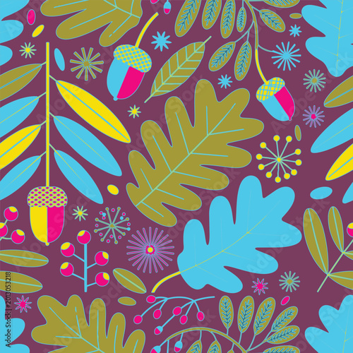 Bold seamless background featuring stylized autumn leaves, acorns, and berries in bright blue, yellow, and pink on a deep plum purple backdrop.