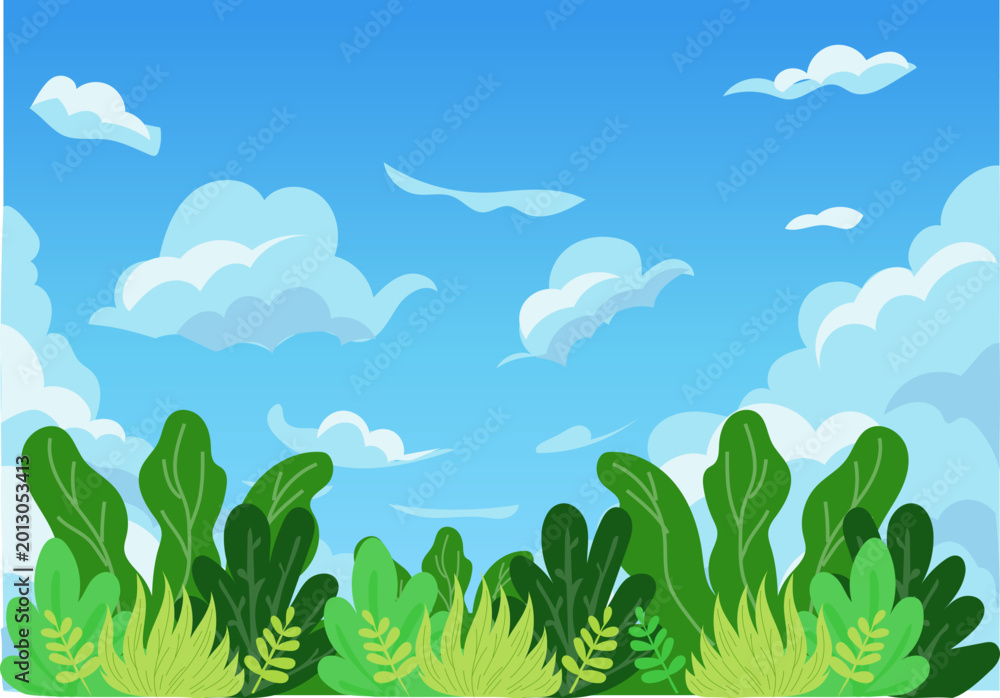 Fototapeta premium Leafy Green Border With Blue Sky Background