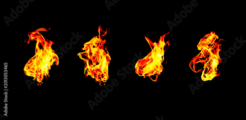 Foto Collection of blazing fire flames isolated on black background, realistic orange
