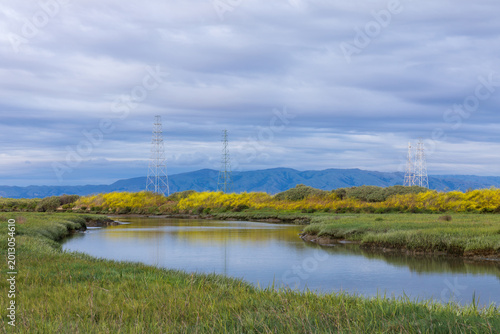 A tranquil wetland landscape stretches beneath a dramatic overcast sky, with a winding tidal channel reflecting soft shades of blue and gray. Palo Alto Baylands, California.