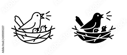 Quadro su tela Bird Family Nest Icons: Mother Bird Feeding Chicks, Simple Line Art and Silhouet
