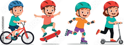 Photos Active Kids Character Set Wearing Helmets Riding Bicycle Skateboard Roller Skate