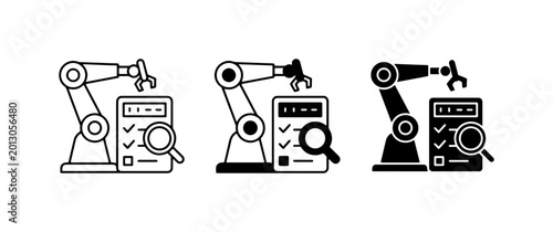 Robotic Arm Automation Icons, Industrial Robot Inspection, Quality Control Checklist Vector Set