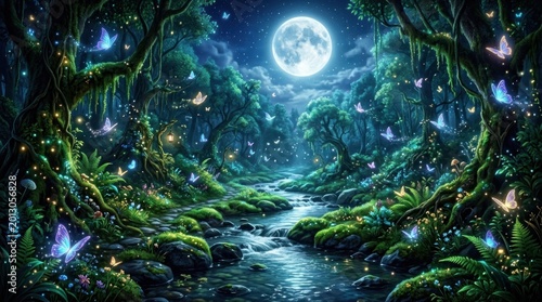 A magical forest scene at night is illuminated by a large, bright moon.
