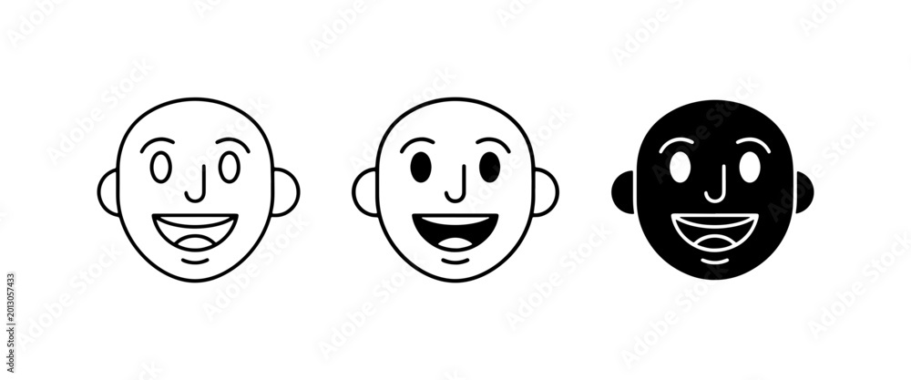 Fototapeta premium Happy Face Icons, Simple Human Head Illustrations, Smiling Emoji Vector Set, Expressive Emotion Symbols, Line Art and Solid Black Styles