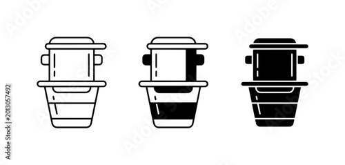 Vietnamese Coffee Filter Icons, Phin Brew Method Symbols, Minimalist Coffee Maker Graphics, Black and White Beverage Preparation Illustrations