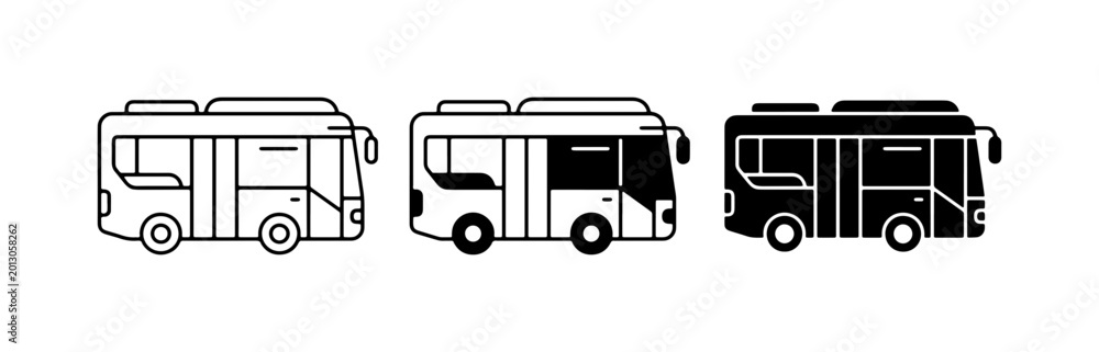 Naklejka premium Bus Icons Set, Public Transport Vector Graphics, City Commute Vehicle Illustrations, Modern Transportation Symbols