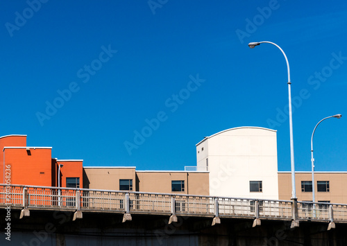 Canada, BC, Richmond.  Graphic housing beside the Oak Street Bridge