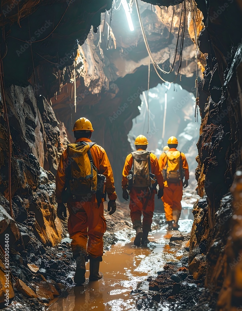 Fototapeta premium Miners walk through a dark, wet tunnel